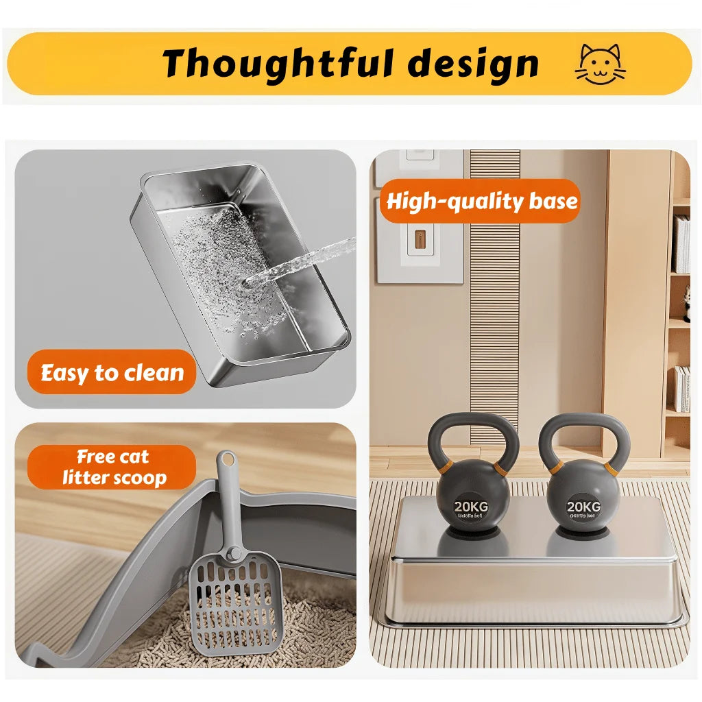 XL Stainless Steel Cat Litter Box with High Sides, Semi-Enclosed Privacy Design, Mat and Scoop for Large Cats, Multi-Cat Homes