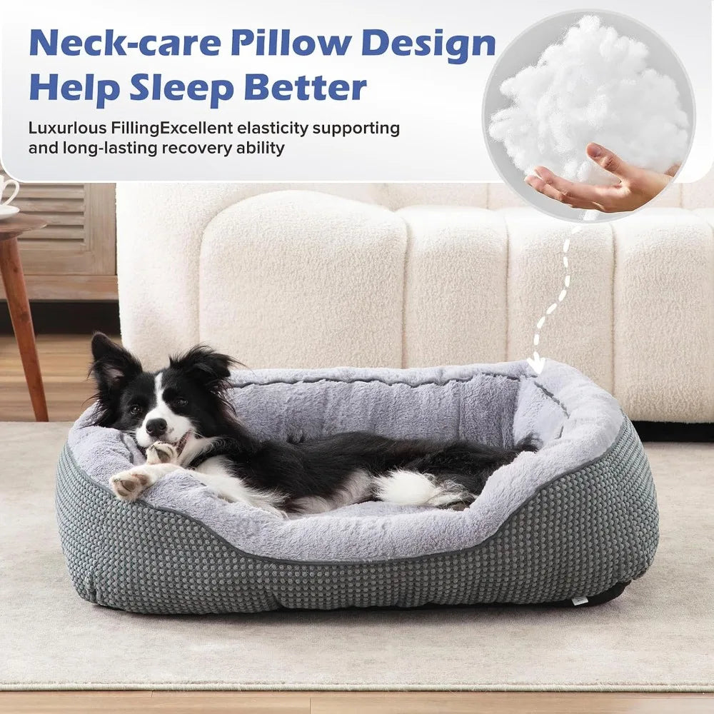 Medium Dog Bed Washable Rectangle Orthopedic Soft Plush Warming Calming Pet Bed with Anti-Slip Bottom, M 30"x24"x9"