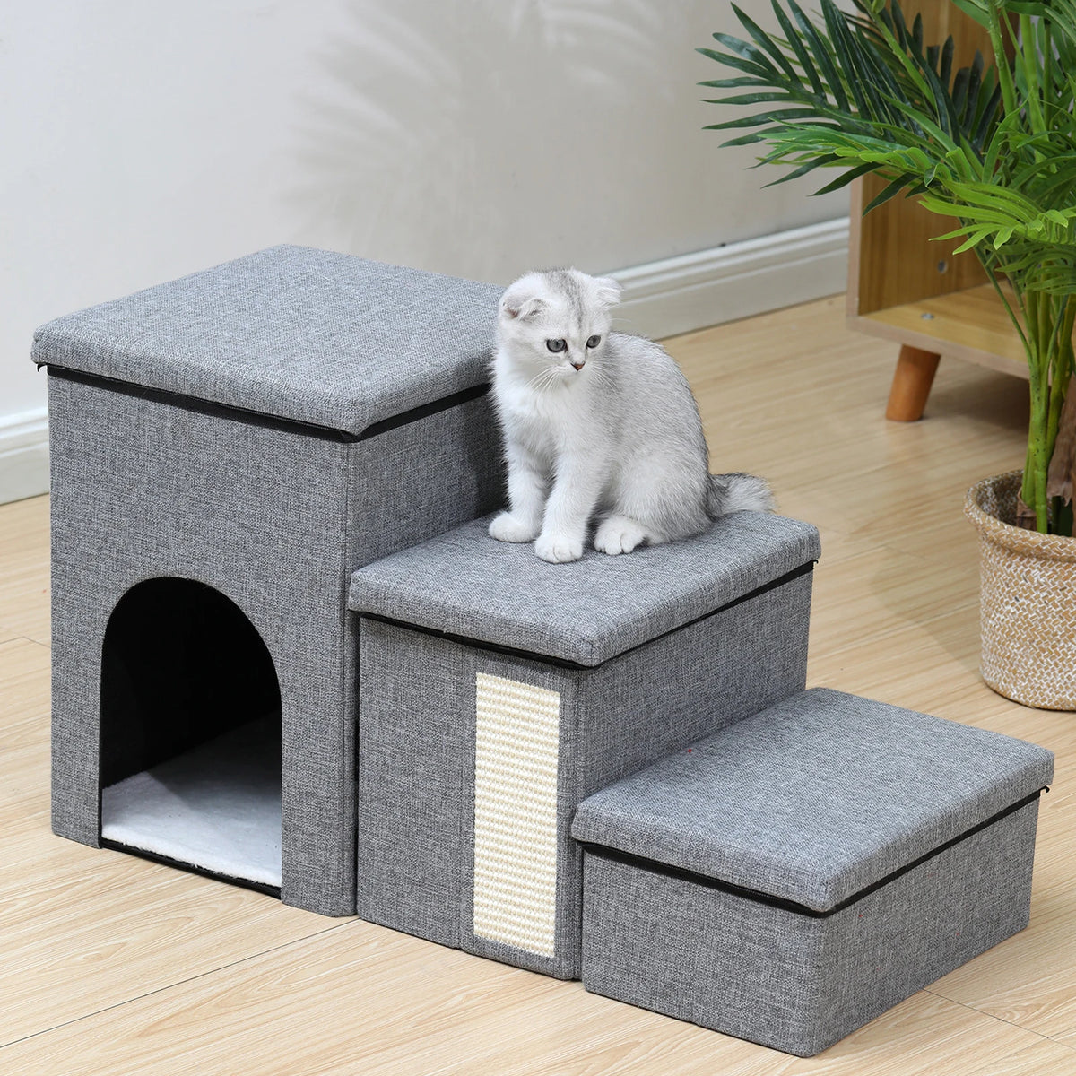 3 Levels Step Foldable Pet Stairs Multi-Purpose Pet Stairway Storage Box Removable Storage Organizer for Sofa Couch Bed Supplies