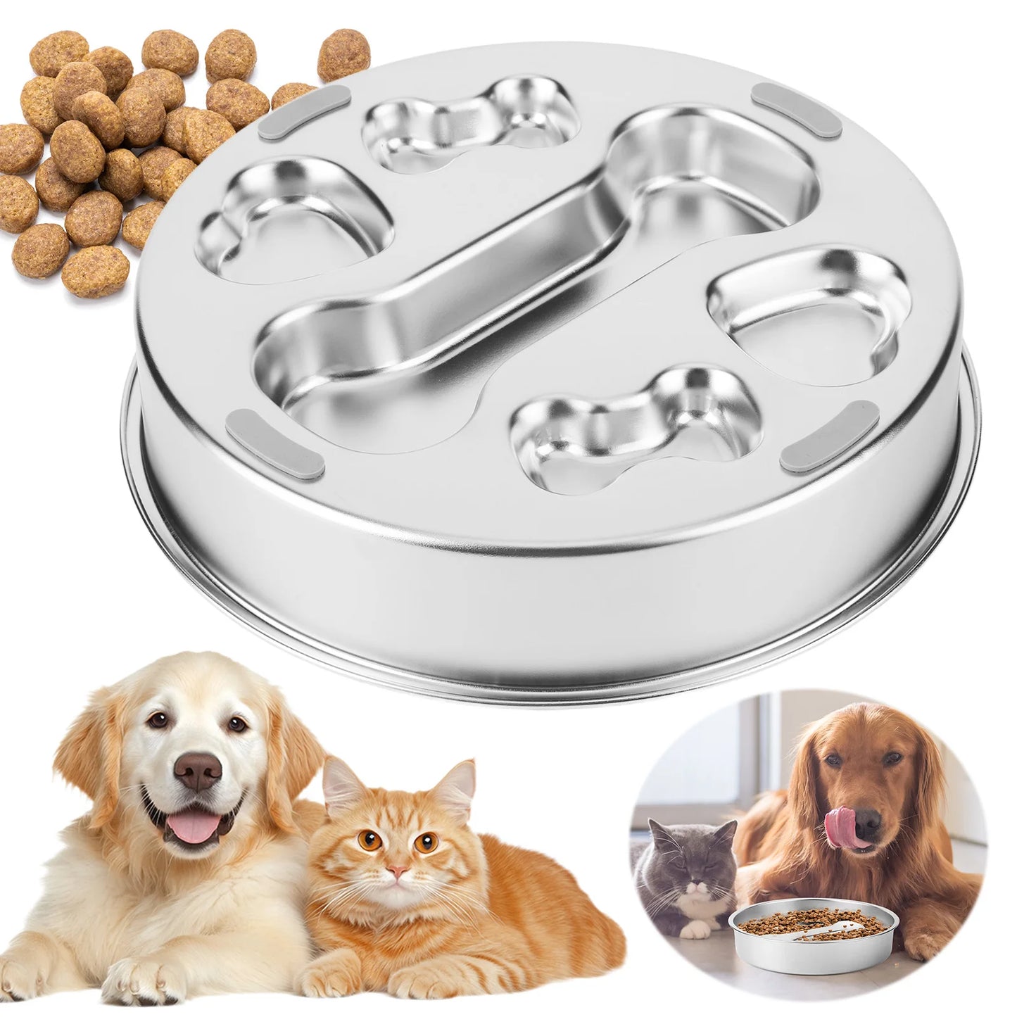 304 Stainless Steel Slow Feeder Dog Bowls with Non-Slip Mat Dog Wat Anti-Choking Dog Water Bowl for Small & Medium Dogs