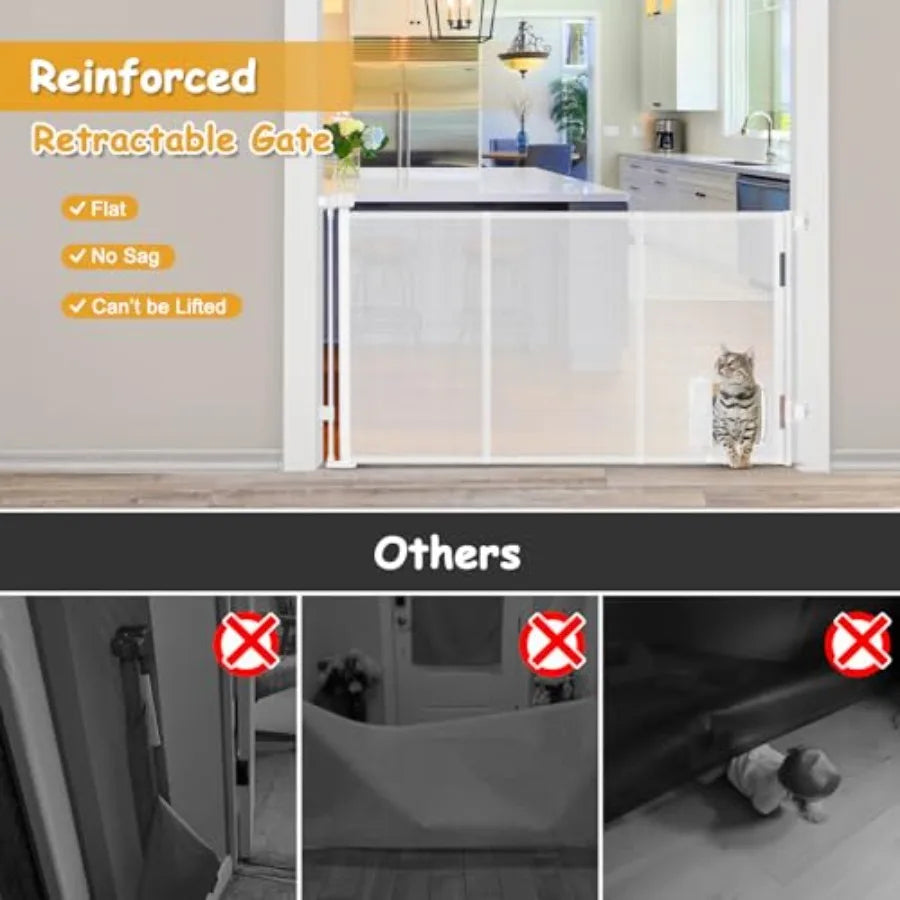 Reinforced 60" Wide Retractable Pet Gate with Cat Door Mesh Baby Gate for Stairs with Reinforced Strips Retractable Dog Gates w