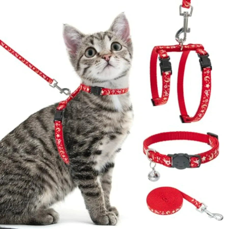 Cat Harness with Leash and Collar Set - Escape Proof Adjustable H-shped Cat Harness with Star and Moon Pattern Glow in The Dark
