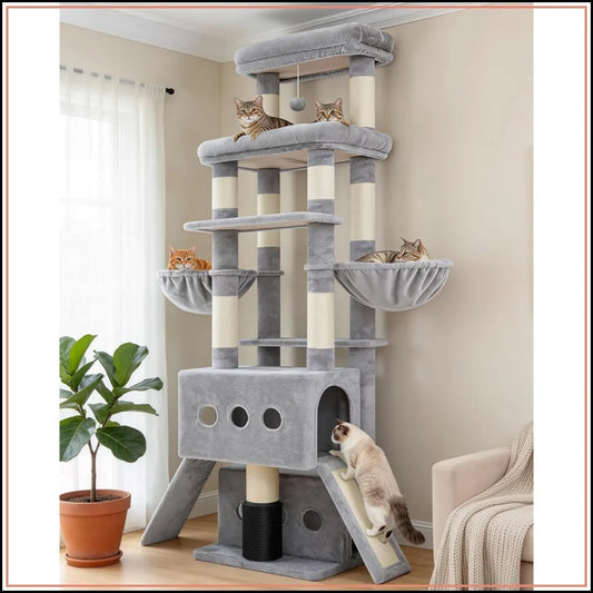 71.5" Cat Tree Tower, Extra Large Platform, 2 Condos, 2 Hammocks, Scratching Posts, Multi-Level for Indoor Cats, Smoky Gray