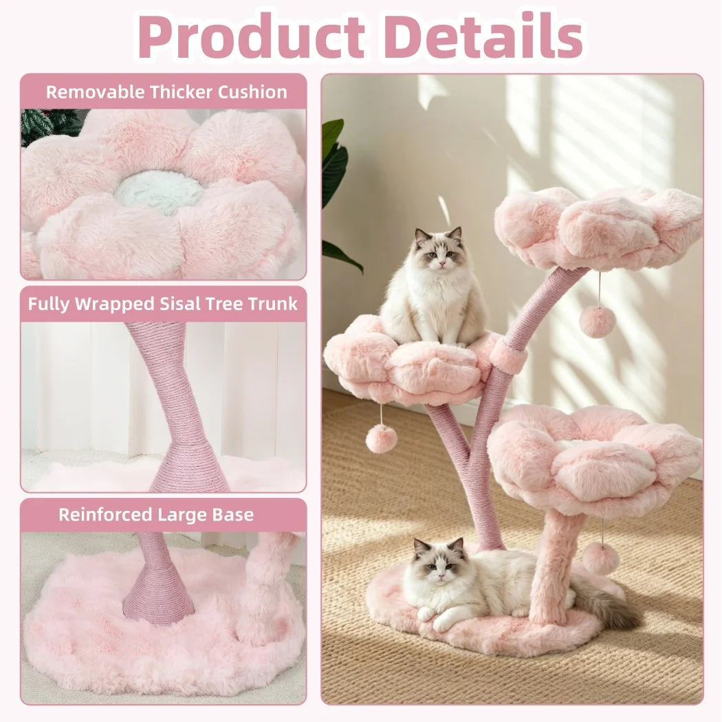 Pink Flower Cat Tree Tower with Scratching Post Wood Branch Cat Cushioned Bed Hanging Ball Toy