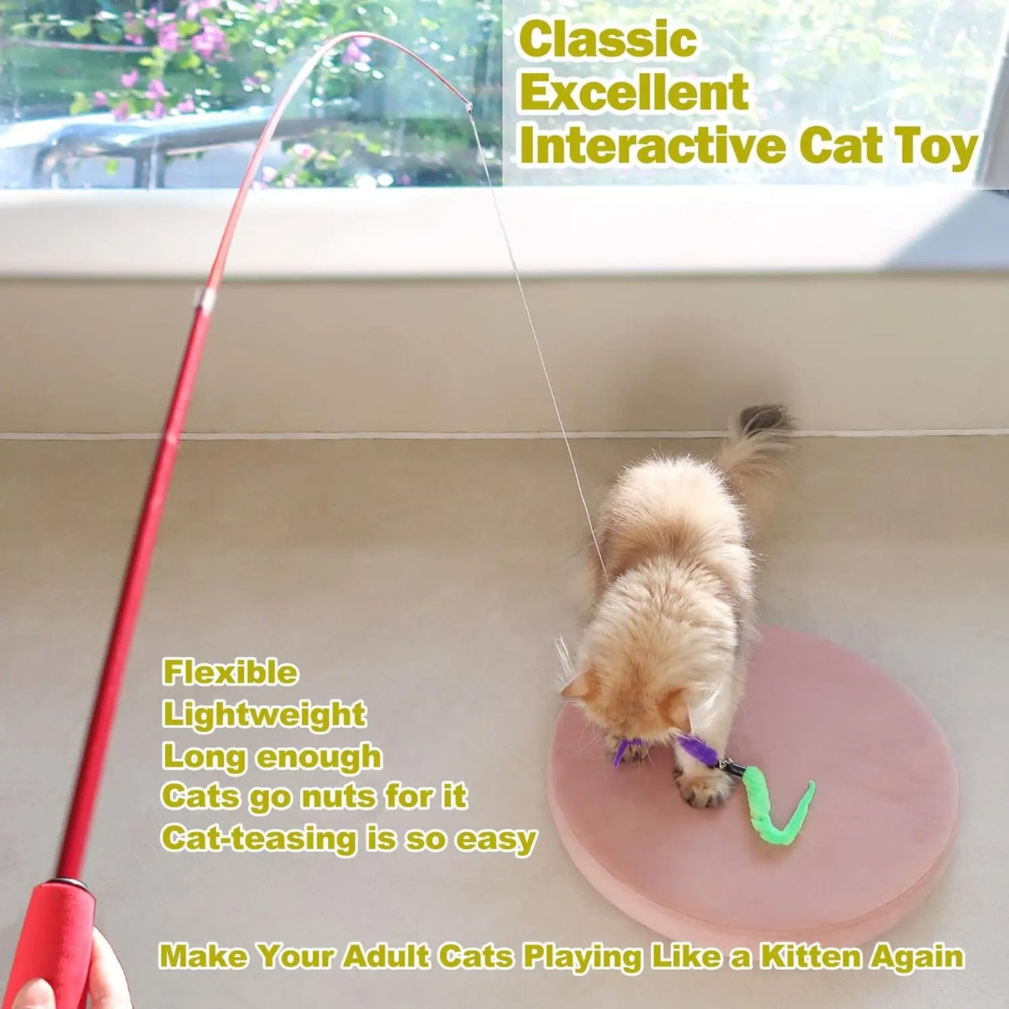 Cat Toys for Indoor Cats, Interactive Cat Toy 2PCS Retractable Wand Toy and 9PCS Cat Feather Toys Refills, Funny Kitten Toys Cat