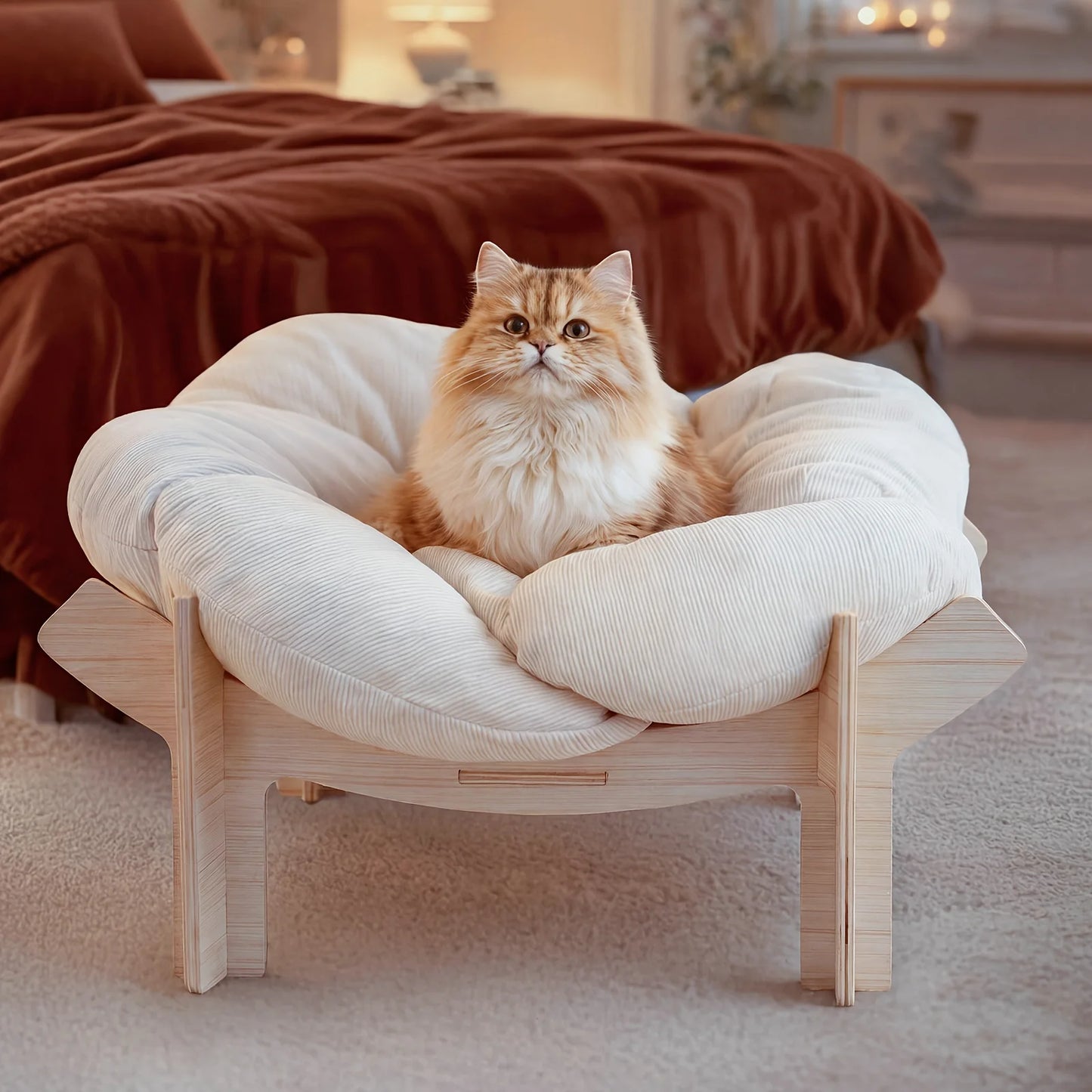 Large Flower-Shaped Pet Bed for Cats & Small Dogs - Modern Luxury High-Leg Sofa Bed with Solid Wood Base & Removable Mattress, I