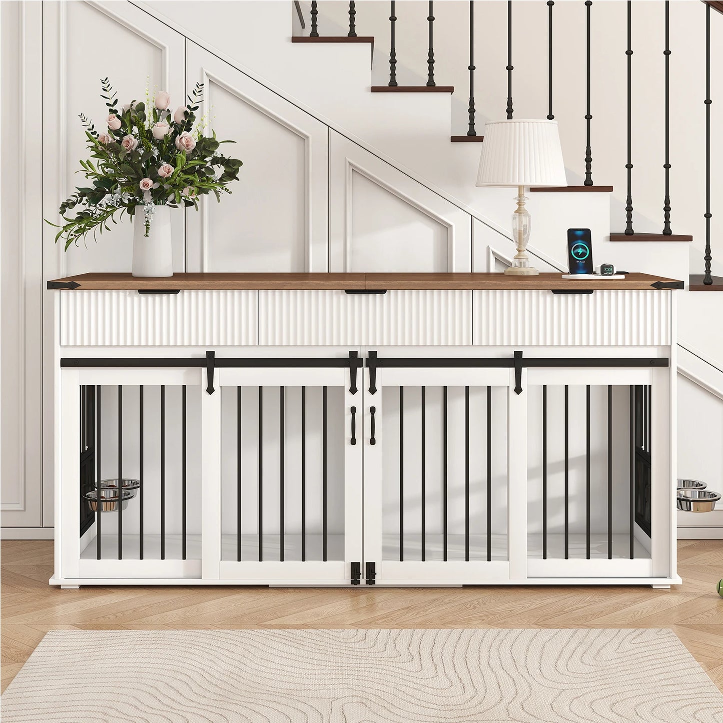 71 inch Pet Dogs Furniture Large Dog House Kennel with 3 Slot Drawers,Waterproof Walnut Tabletop,Power Socket,Feeder Bowls