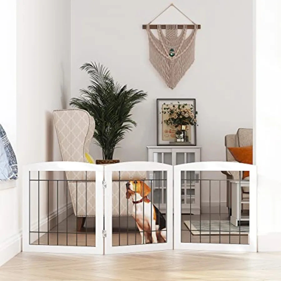 Free Standing Dog Gates for The House Stairs Doorways Indoor Foldable Wooden Small White Puppy Pet Gate Step Over Fence 60" W 2