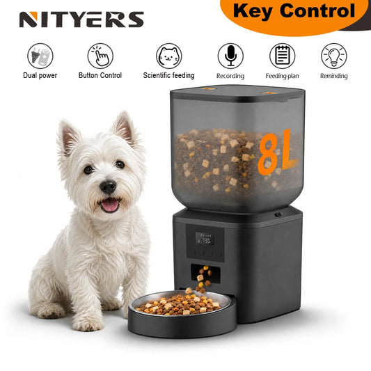 NITYERS 8L Automatic Dog Feeder, Smart Pet Food Dispenser with Key Control, Voice Recorder, Dual Power Supply, Timed Auto Cat Feeder with Stainless Steel Bowl