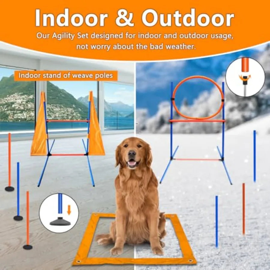 Premium Dog Agility Training Set Outdoor Indoor Game, Tire Jump + Hurdle Jump, Tunnel, Weave Poles, Pause, 2 Toy Balls, 2 Discs