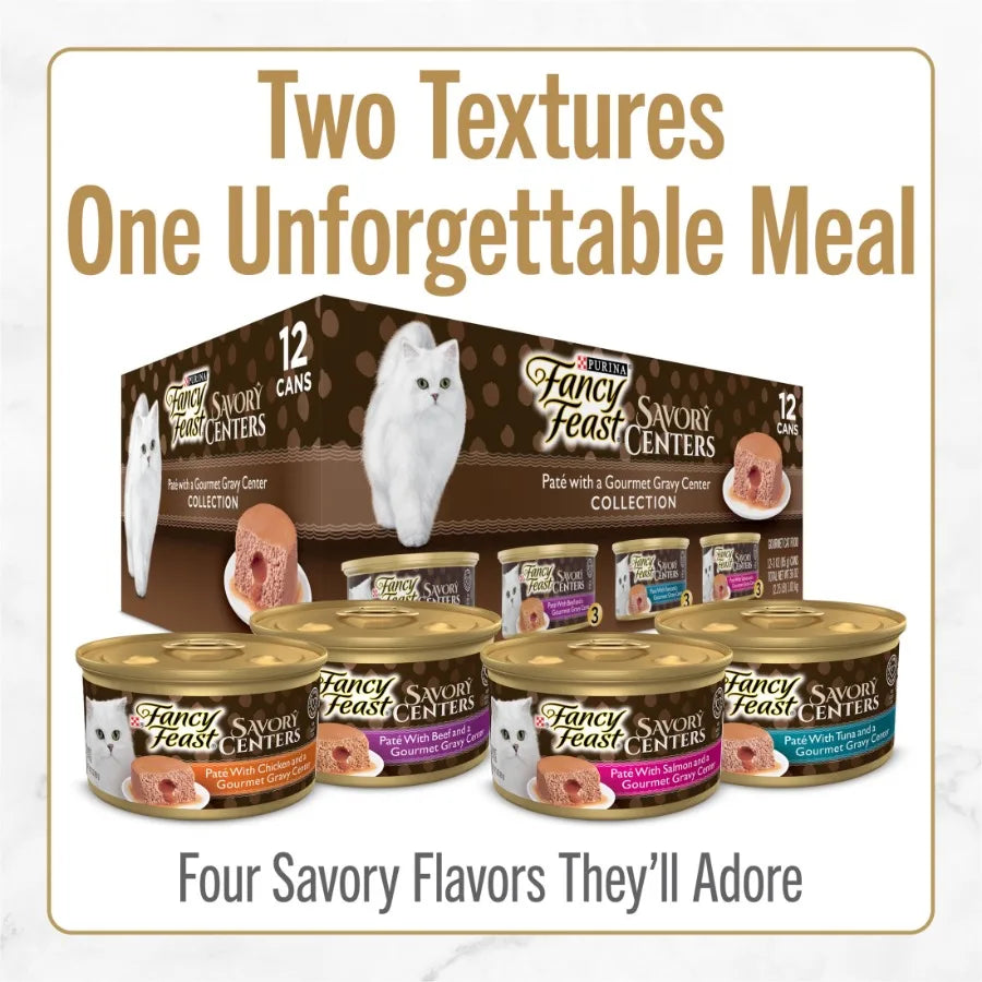 Purina Savory Centers Wet Cat Food Pate Variety Pack With Chicken, Salmon, Beef, and Tuna Pate with Gravy Center, 3 oz Cans