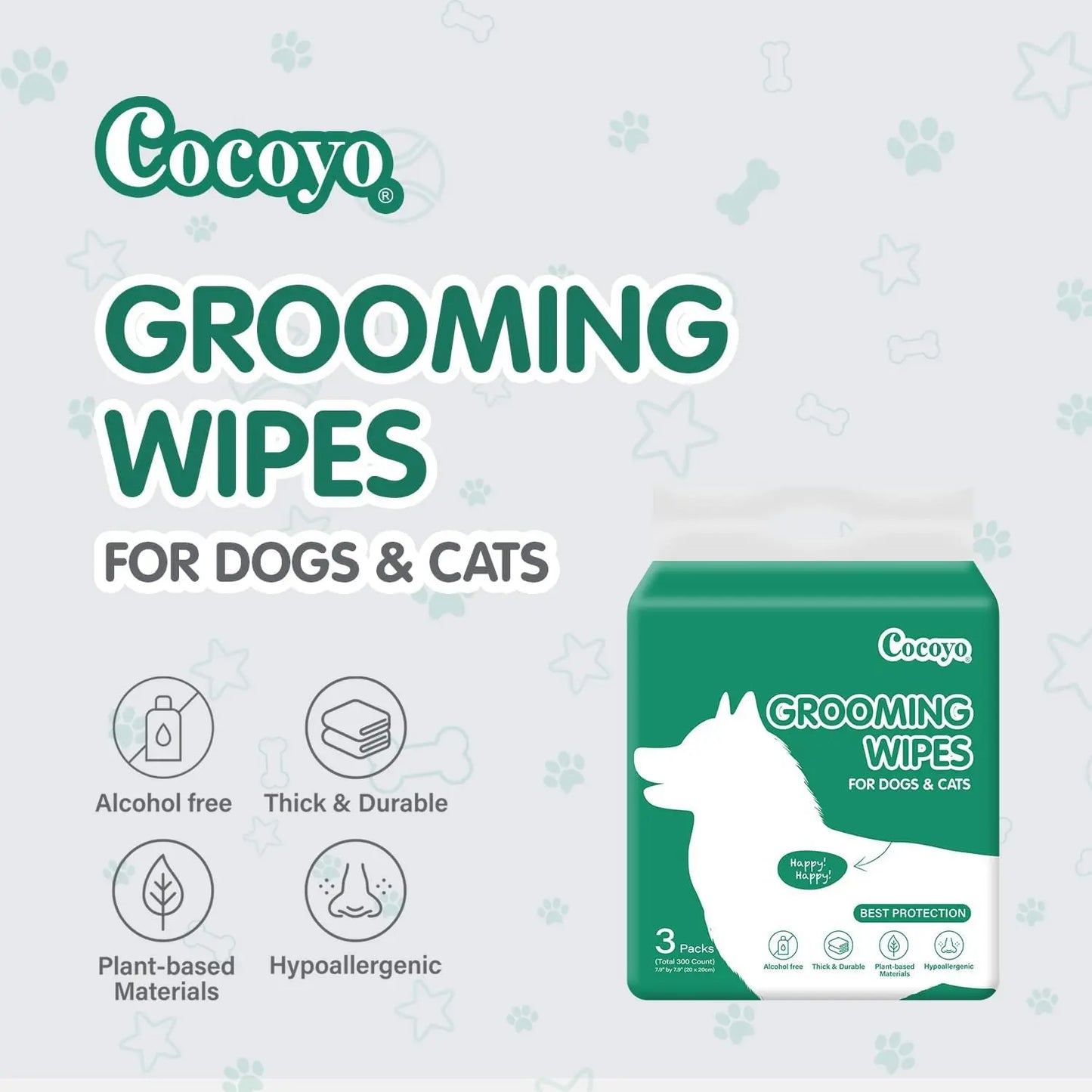 300 Pet Wipes for Dogs & Cats: Plant-Based, Hypoallergenic, Unscented for Paws, Body & Butt - Gentle Cleaning & Deodorizing