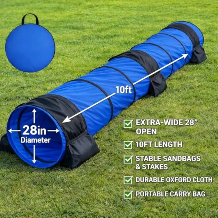 28in Dog Tunnel for Large Dogs, 10ft Heavy Duty Dog Agility Training Equipment with 3 Sandbags 4 Stakes, Portable Pop Up Pet Pl