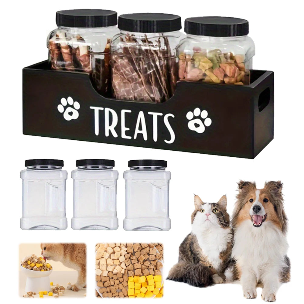 Wooden Pet Snack Storage Box with 3 Plastic Treat Jar Snack Organizer Multifunction Airtight Dog Treat Bin for Cat Food Storage