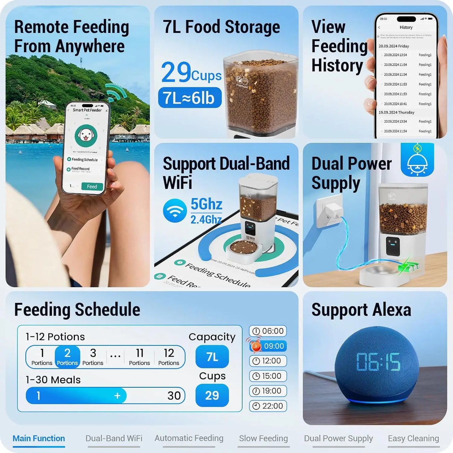 7L 29 Cup Dual Band 5G WiFi Smart Slow Feed Pet Feeder, APP Alexa Voice Control Timed Dry Food Dispenser Detachable Washable