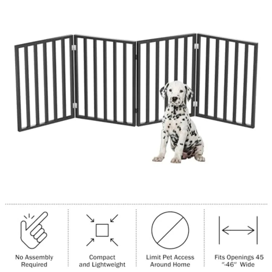 Pet Gate - 4-Panel Indoor Foldable Dog Fence for Stairs Hallways or Doorways - 72x24-Inch Wood Freestanding Dog Gates by Black
