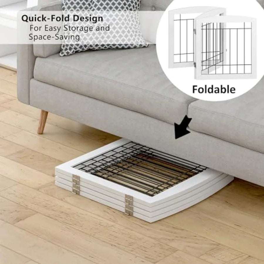 Free Standing Dog Gates for The House Stairs Doorways Indoor Foldable Wooden Small White Puppy Pet Gate Step Over Fence 60" W 2