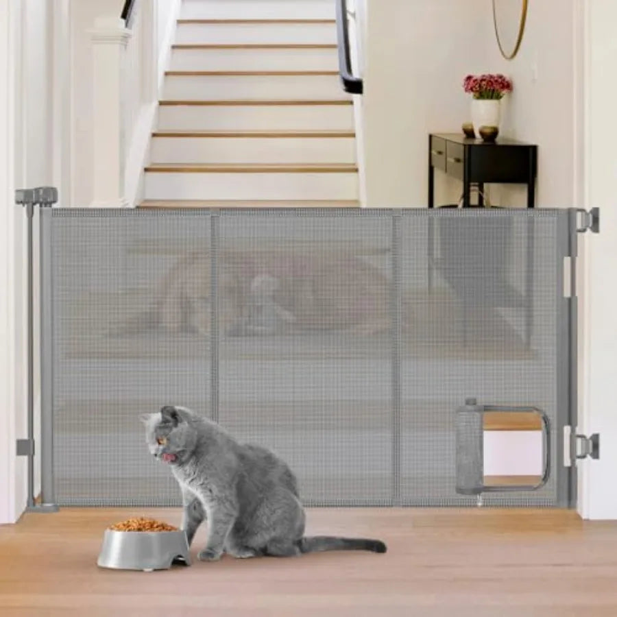 Reinforced 60" Wide Retractable Pet Gate with Cat Door Mesh Baby Gate for Stairs with Reinforced Strips Retractable Dog Gates w