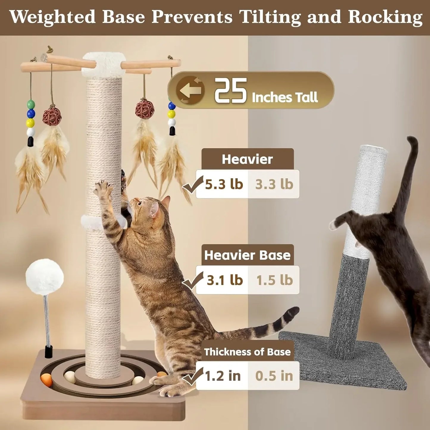 Cat Scratching Post, 25in Sisal Cat Tree Tower with Interactive Toys, Double Ball Track, 2 Mounting Methods for Indoor Cats