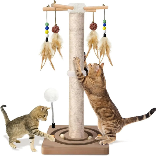 Cat Scratching Post, 25in Sisal Cat Tree Tower with Interactive Toys, Double Ball Track, 2 Mounting Methods for Indoor Cats