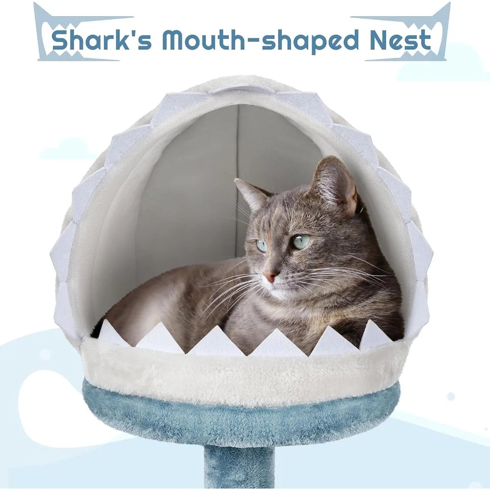 45.5in Ocean-Themed Cat Tree,Multi-Level Tower with Shark Nest,Star Perch & Jellyfish Hammock,Plush Furniture for Indoor Kitty