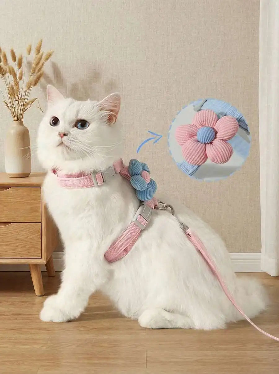Cute Floral Design Cat Harness With Leash, Comfortable & Lightweight, Escape-Proof Pet Harness Set