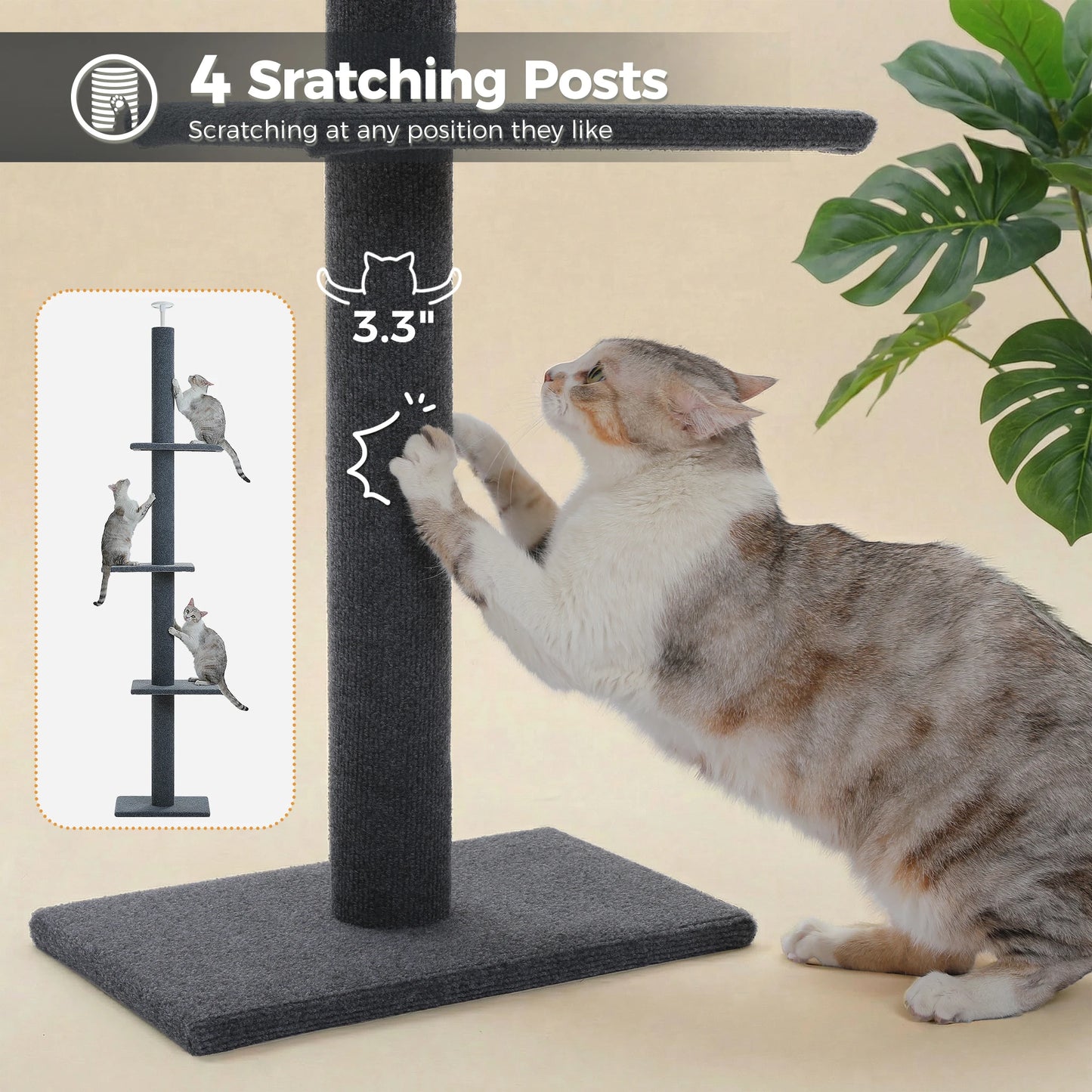 Floor to Ceiling Cat Tower for Indoor Adjustable Height Tall Cat Tree with Scratching Posts and Platforms Cat Scratcher Cat Toys