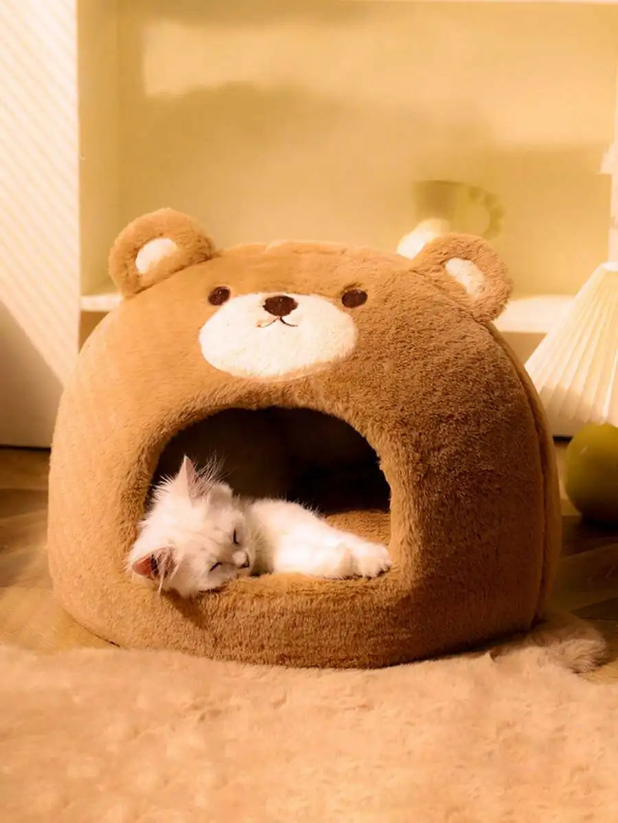 1pc Four Seasons Universal Brown Bear Shaped Pet House For Small/Medium Cats Or Dogs