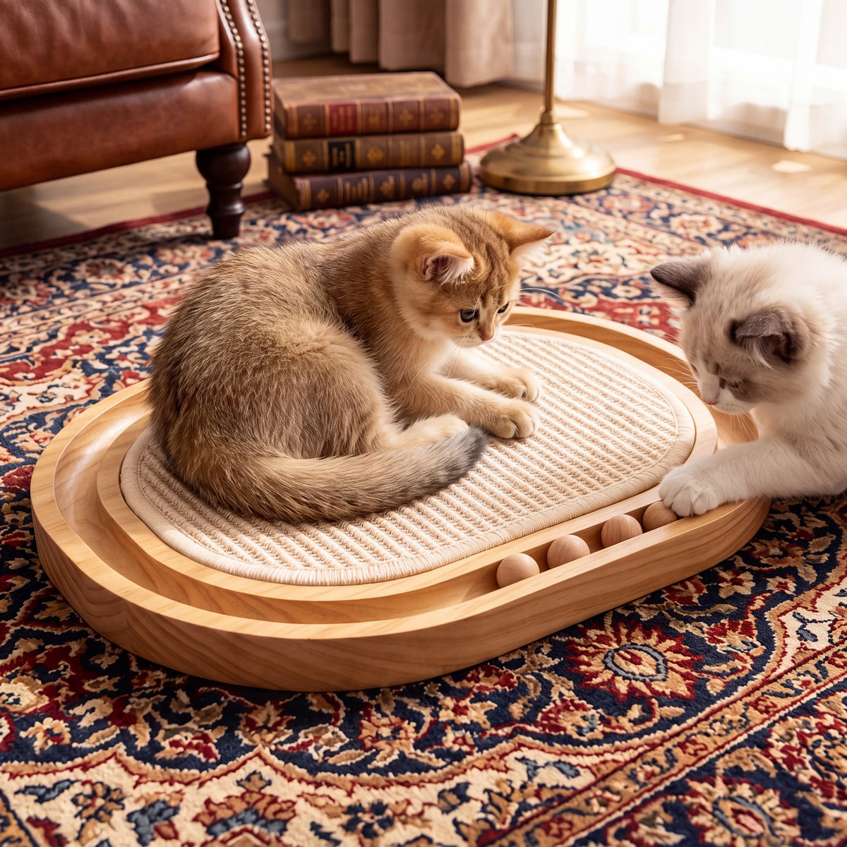 3-in-1 Cat Scratcher Toy, Wooden Oval Cat Scratching Pad with Sisal Surface, Rolling Balls, Low-Profile Resting Bed, Interactive Cat Toy for Scratching, Lounging and Play
