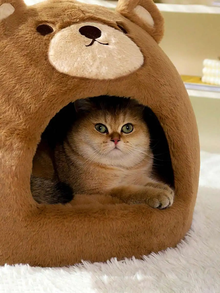 1pc Four Seasons Universal Brown Bear Shaped Pet House For Small/Medium Cats Or Dogs