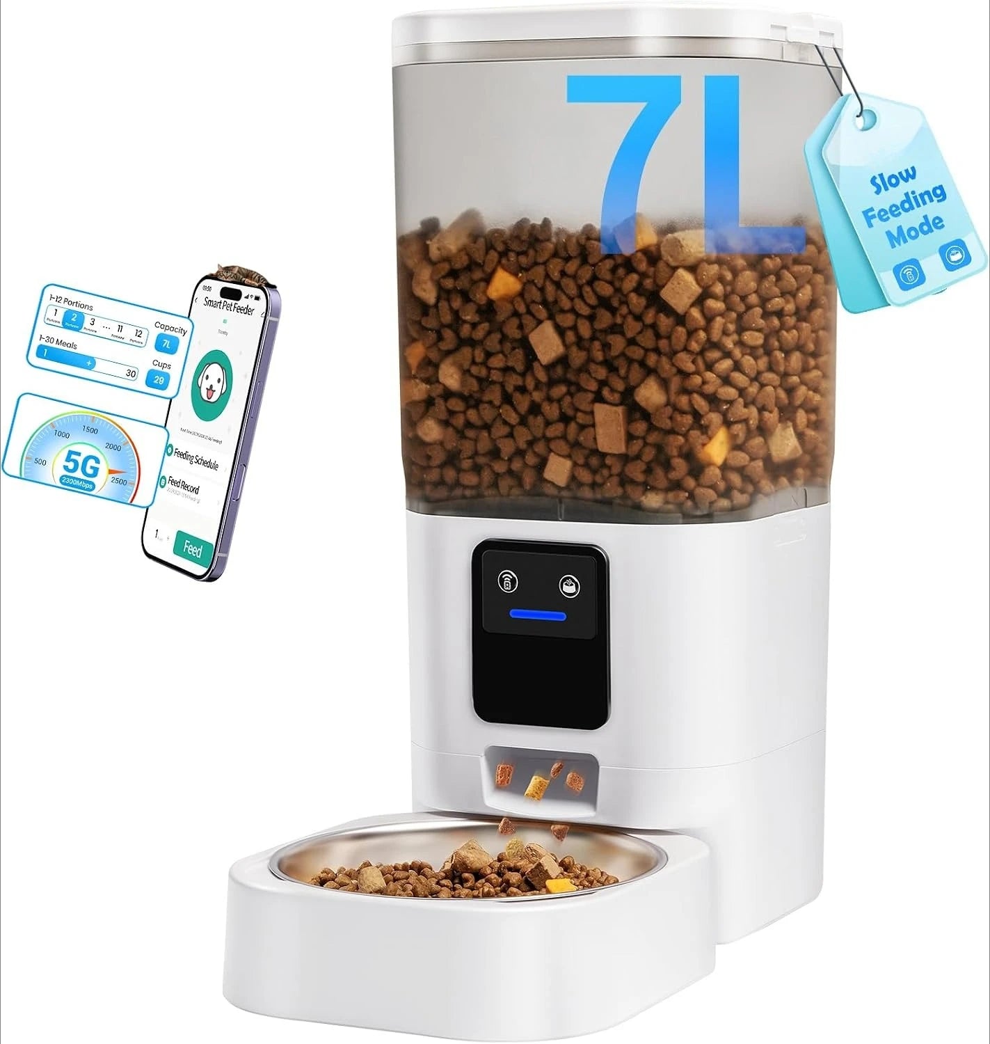 7L 29 Cup Dual Band 5G WiFi Smart Slow Feed Pet Feeder, APP Alexa Voice Control Timed Dry Food Dispenser Detachable Washable