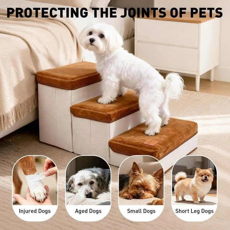 【New style】3-Tier Collapsible Dog Stair With Non-Slip Surface, Pet Ramp For Small To Extra Small Dog Breeds-Great For High Beds