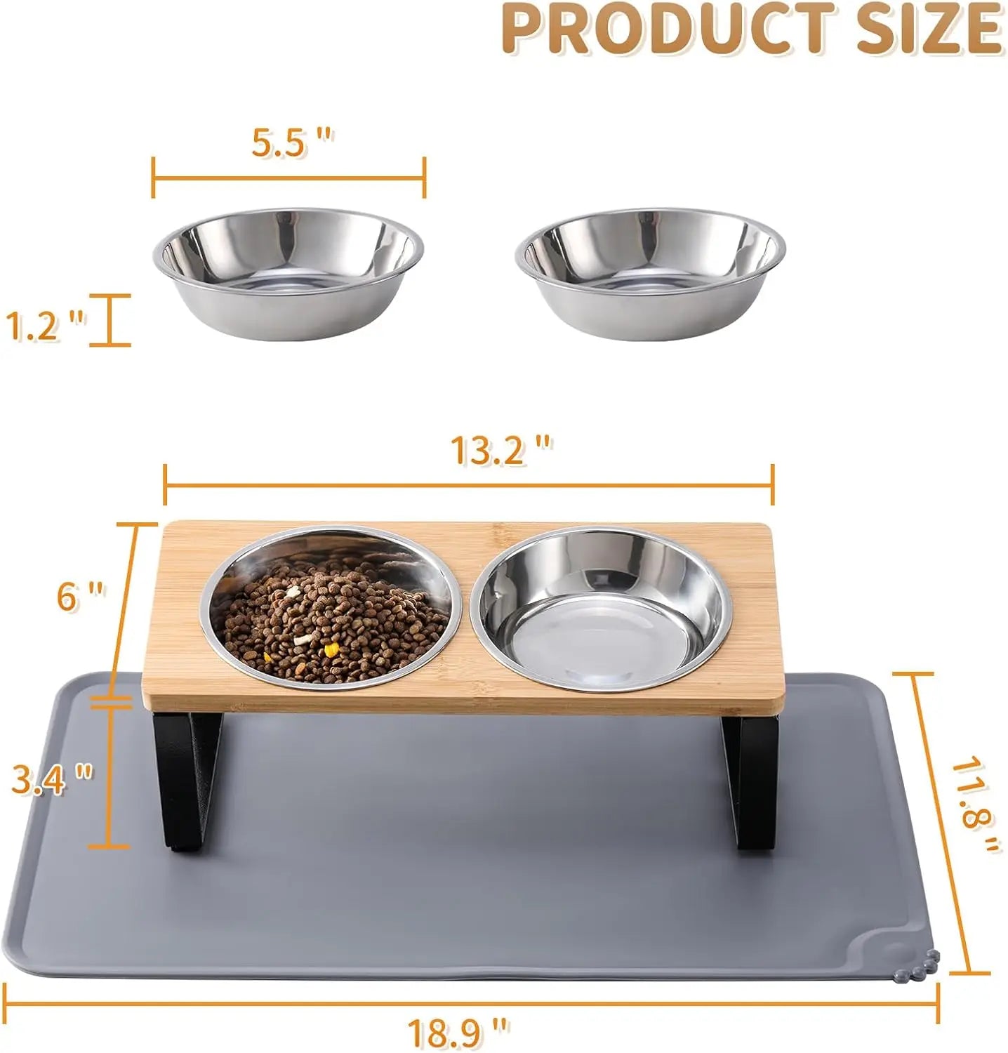 Upgraded Elevated Cat Bowls with Food Mat,15°Tilted Stand Anti Vomiting Raised Cat Dishes for Food and Water,2 Stainless Steel B
