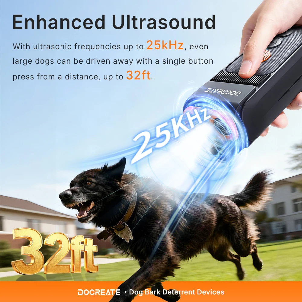 DOCREATE DR32B 3-in-1 Dog Repellent Ultrasonic Anti-Bark Trainer 25KHz 10M Range 900mAh USB-C Rechargeable with LED Flashlight