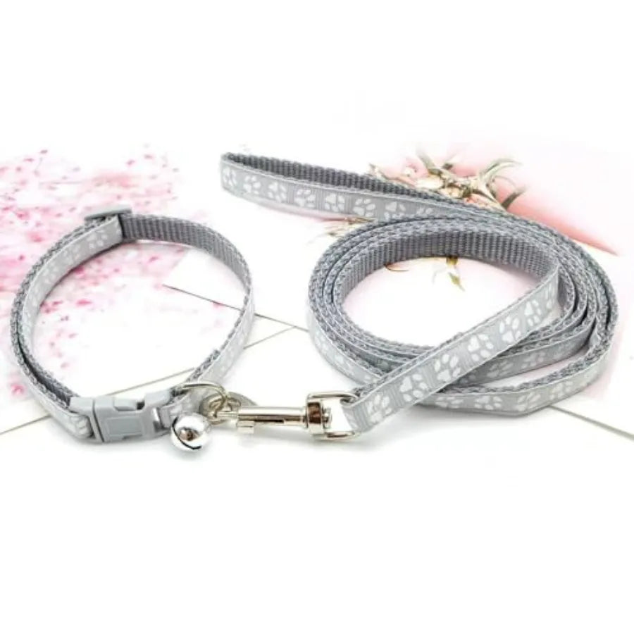 Purple Small Dog Collar and Leash Set, Pawprint Puppy Collar and Leash Adjustable Kitten Collar with Bell for Tiny Little XXS X
