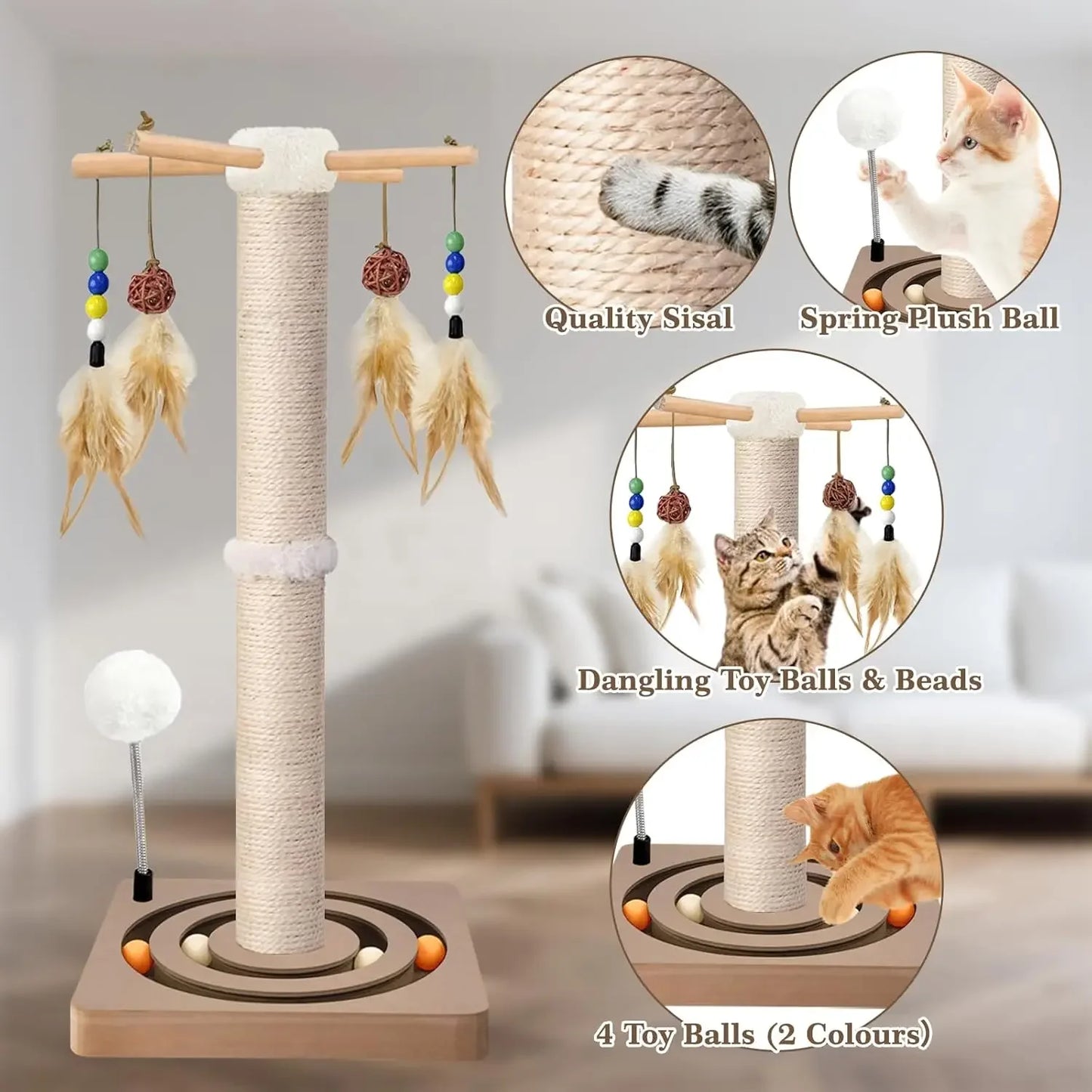 Cat Scratching Post, 25in Sisal Cat Tree Tower with Interactive Toys, Double Ball Track, 2 Mounting Methods for Indoor Cats