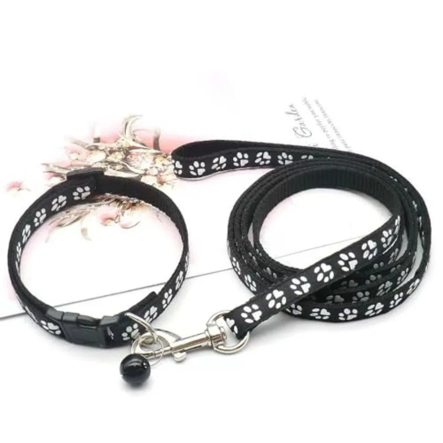Purple Small Dog Collar and Leash Set, Pawprint Puppy Collar and Leash Adjustable Kitten Collar with Bell for Tiny Little XXS X