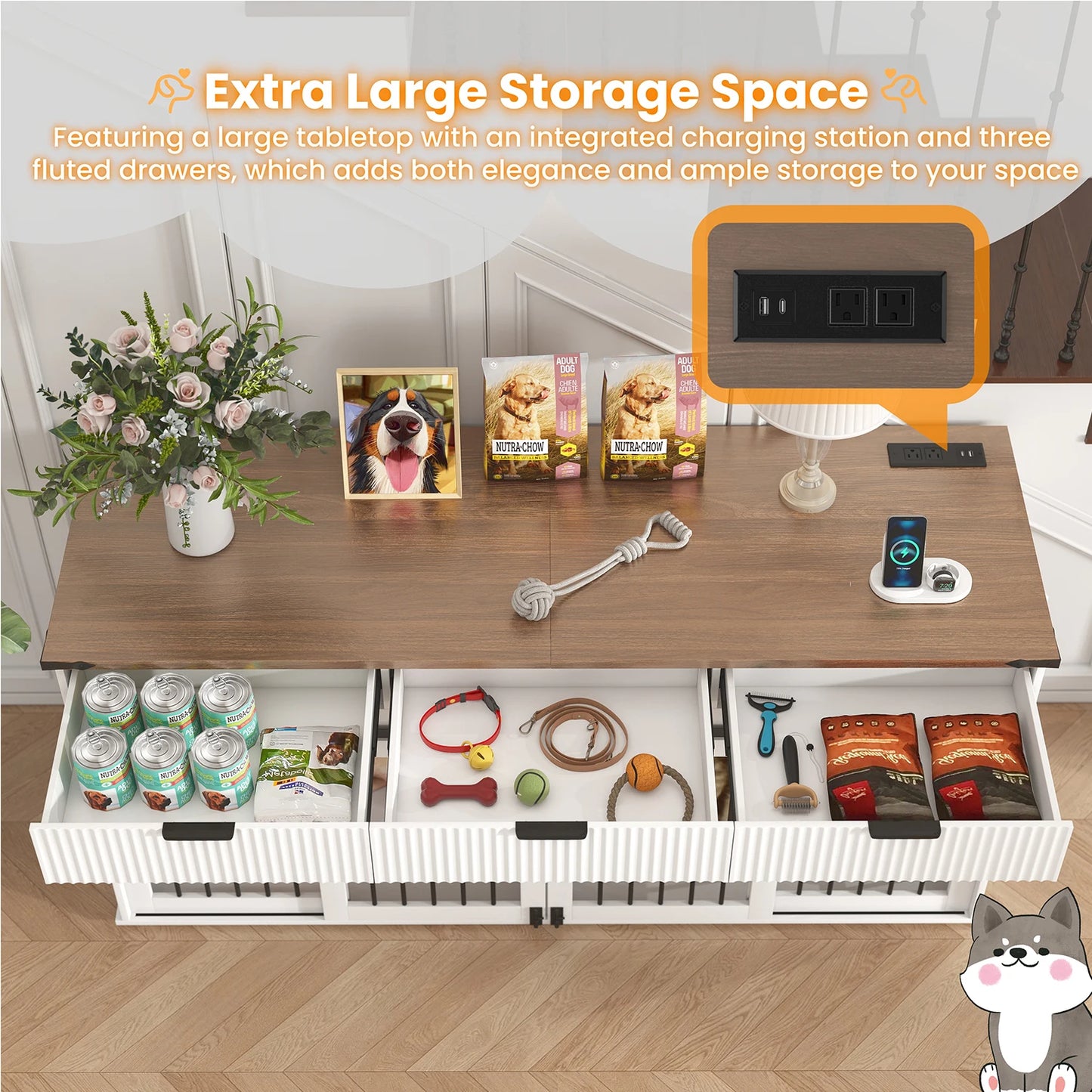 71 inch Pet Dogs Furniture Large Dog House Kennel with 3 Slot Drawers,Waterproof Walnut Tabletop,Power Socket,Feeder Bowls