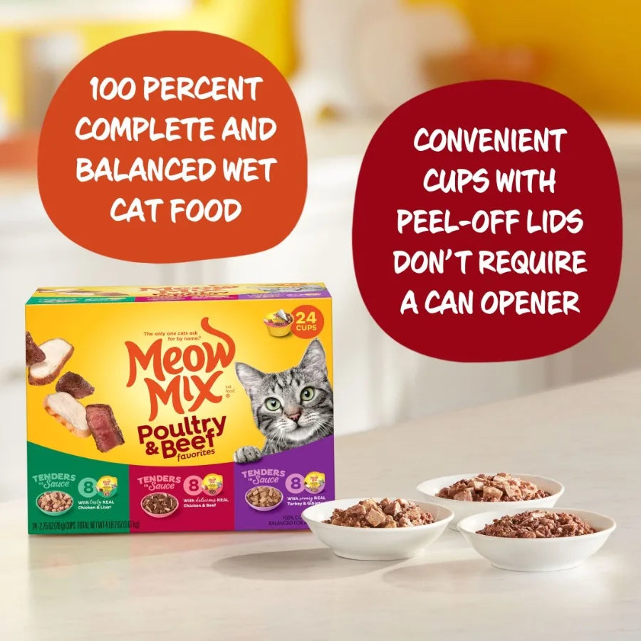 Tenders in Sauce Wet Cat Food Variety Pack for Indoor Cats Poultry Beef Favorites, 24 Cups 2.75 oz Each,Grain-Free, High Moistu