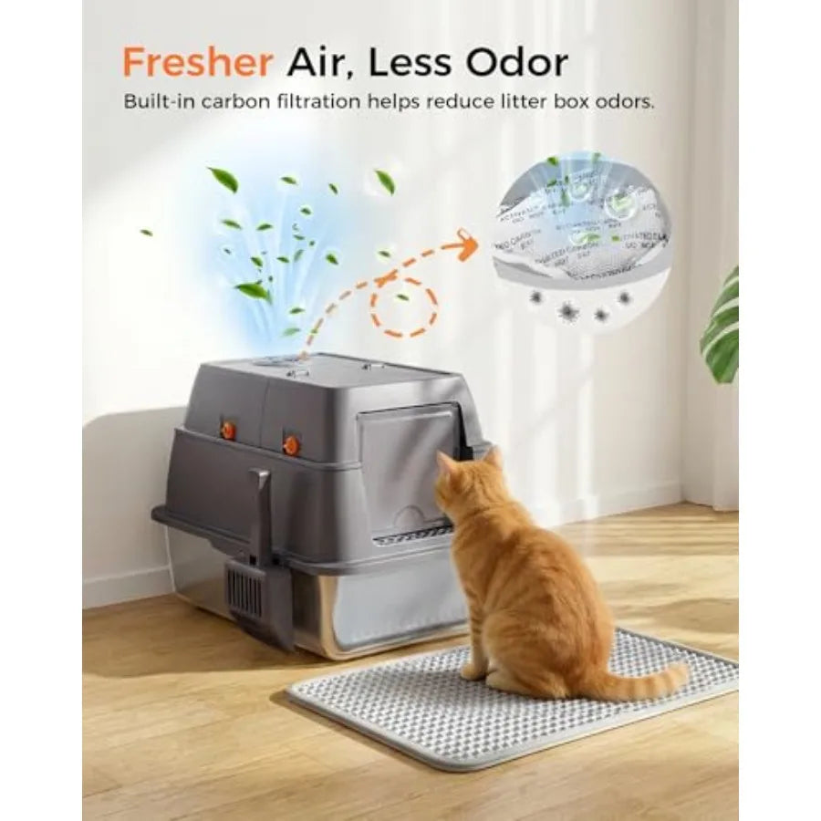 XXL Stainless Steel Cat Litter Box with Lid High Sided Enclosed Covered Litterbox Activated Carbon Odor Control Extra Large Met