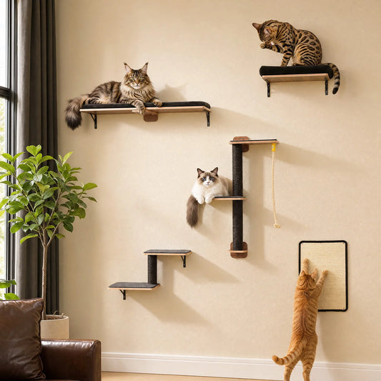 Wooden Cat Climbing Wall Shelves 5-in-1 Cat Wall Furniture with Perches Sisal Scratching Posts & Scratcher Pads Climbing Ropes Modern Climbing Set for Indoor Cats Accessories Cat Toys