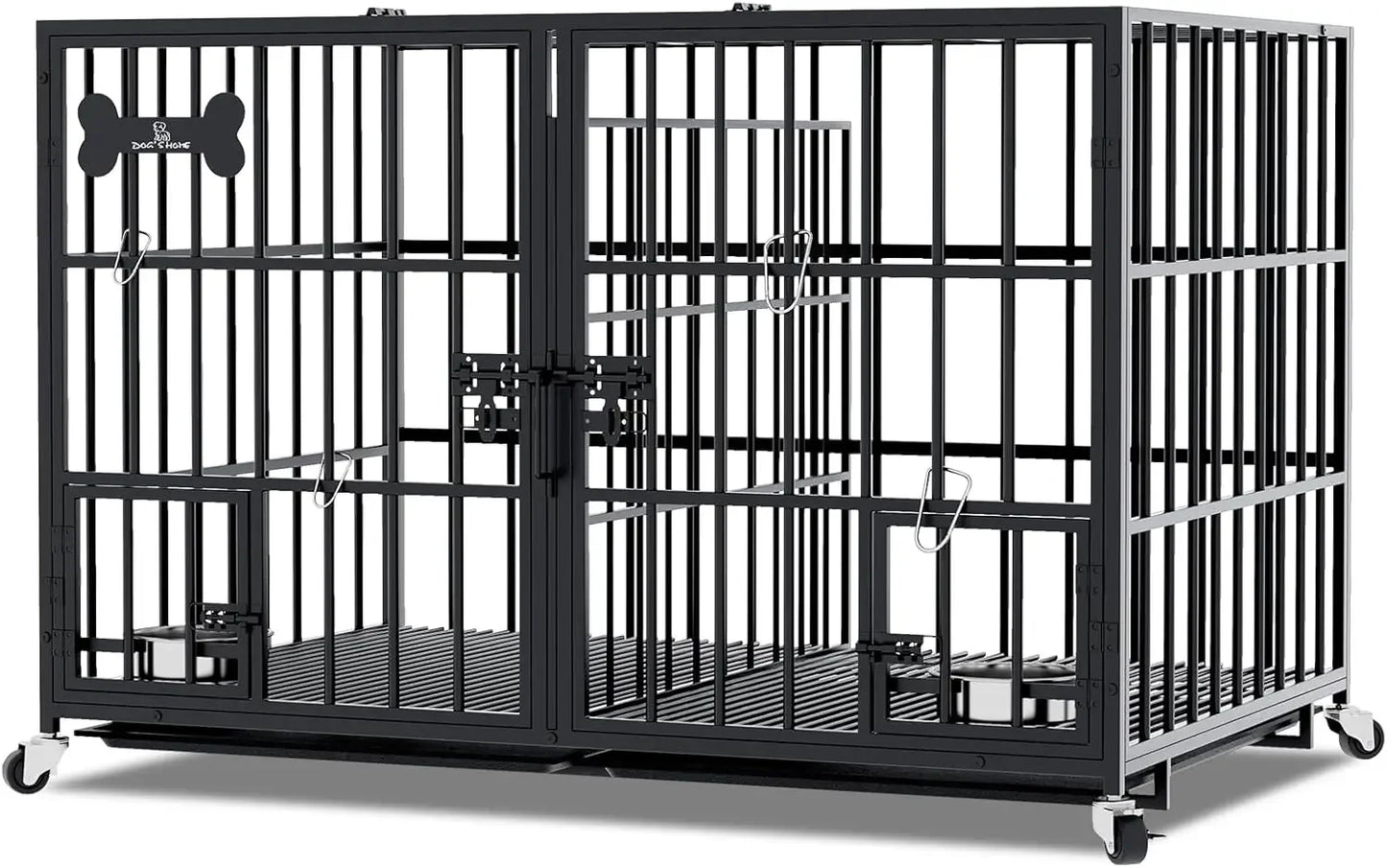 42/48 inch Heavy Duty Metal Dog Crate for 2 Dogs/Large Dog,All Metal Open Top Stackable,Dog Kennel Indoor with Wheels,Floor Grid
