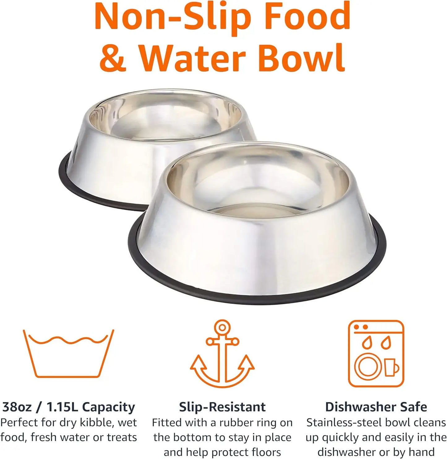 Basics Stainless Steel Non-Skid Dog Water And Food Bowls, Dishwasher Safe, Rust Resistant, 38oz Capacity, 10 x 2.8 Inches, 2-Pac