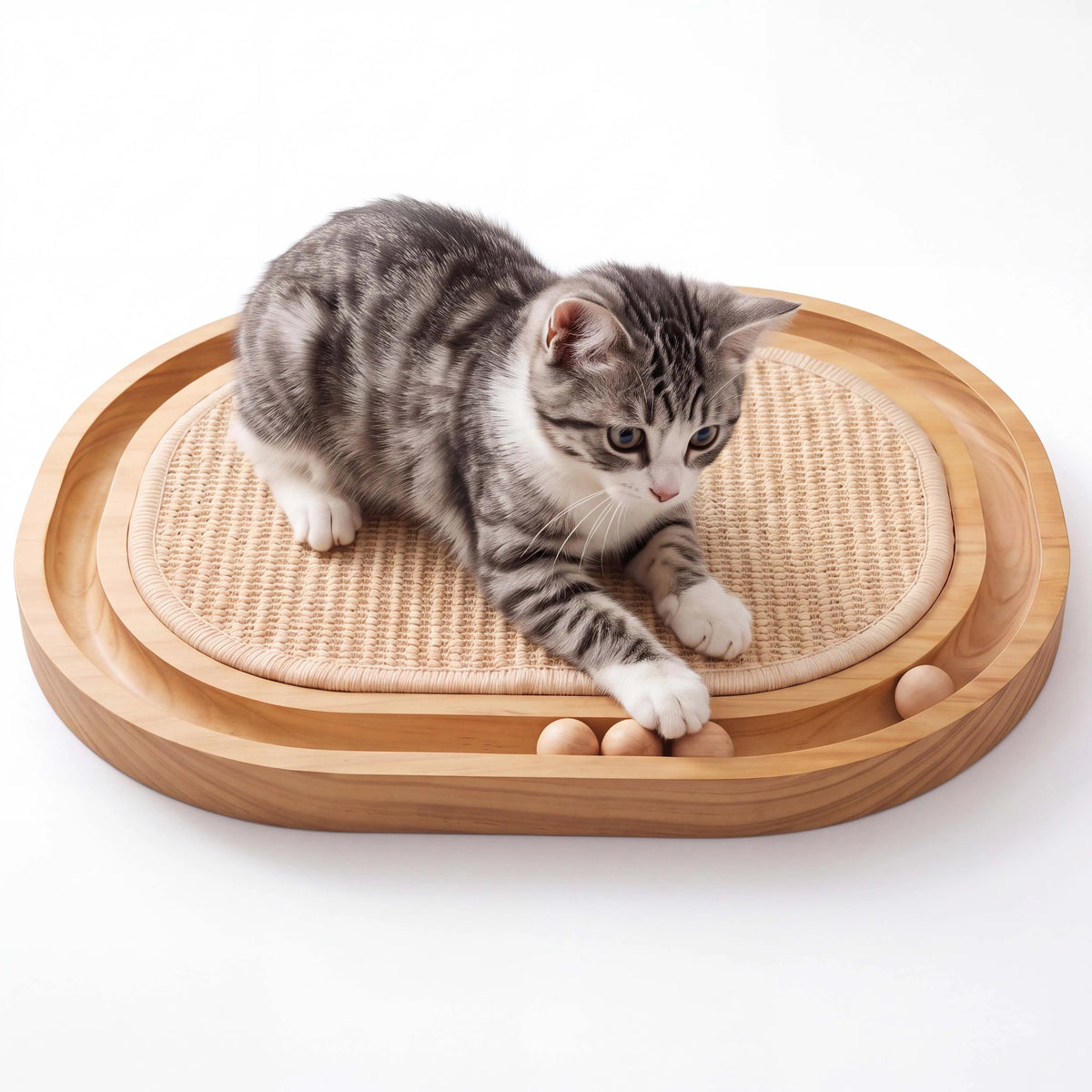 3-in-1 Cat Scratcher Toy, Wooden Oval Cat Scratching Pad with Sisal Surface, Rolling Balls, Low-Profile Resting Bed, Interactive Cat Toy for Scratching, Lounging and Play