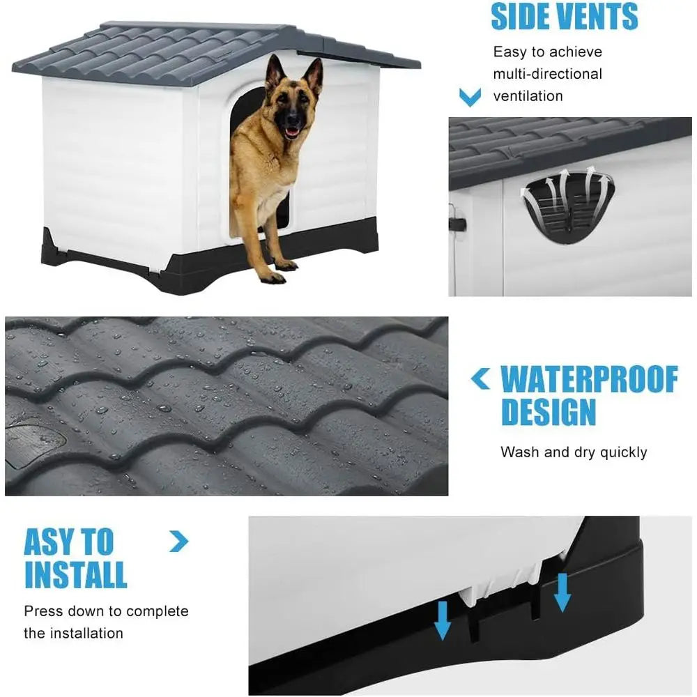 Durable Plastic Dog House for Medium to Large Dogs with Elevated Floor, Ventilated, Waterproof, Indoor/Outdoor Pet Shelter