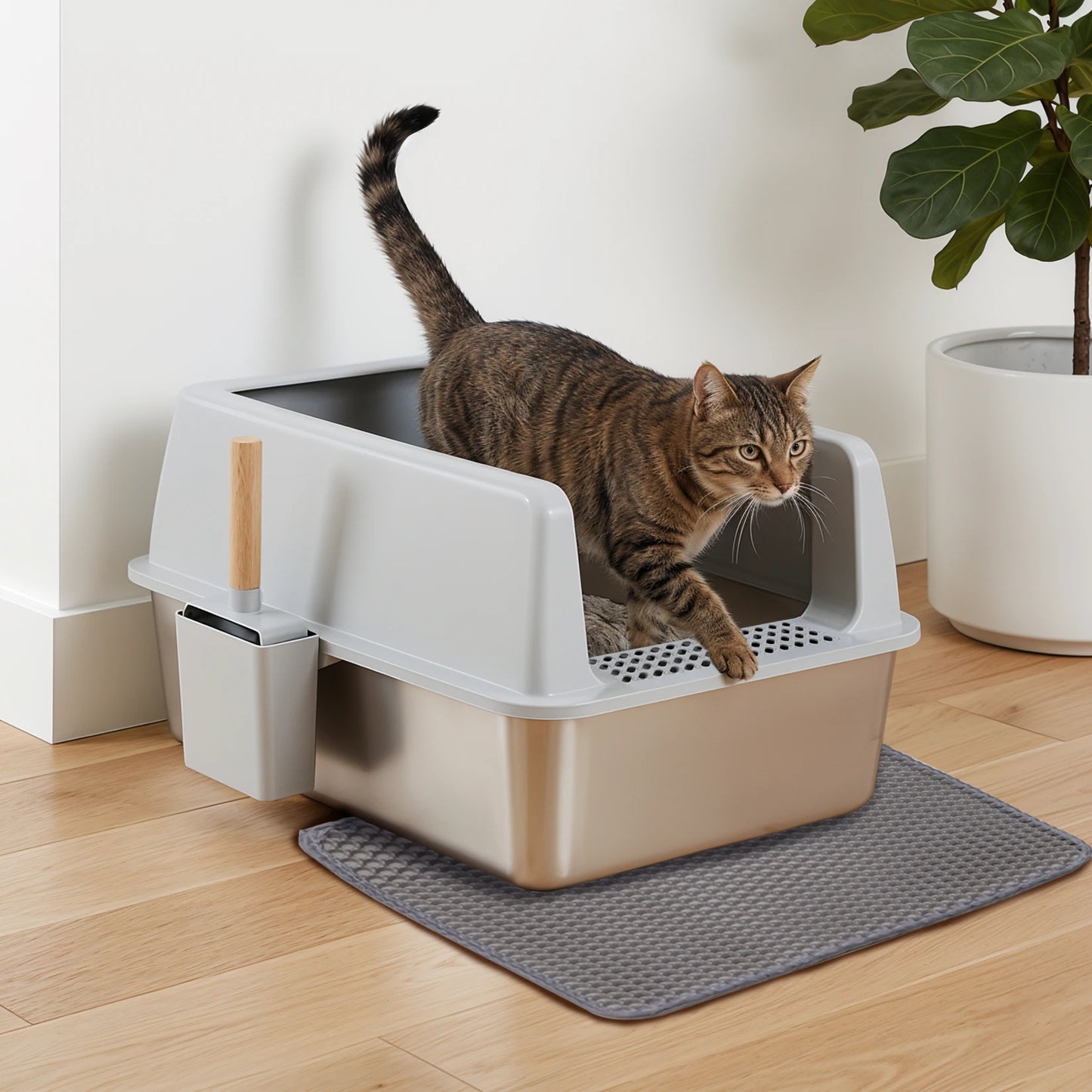Large Stainless Steel Open Cat Litter Tray High Sided Deep Pan Box Loo Toilet with Litter Mat