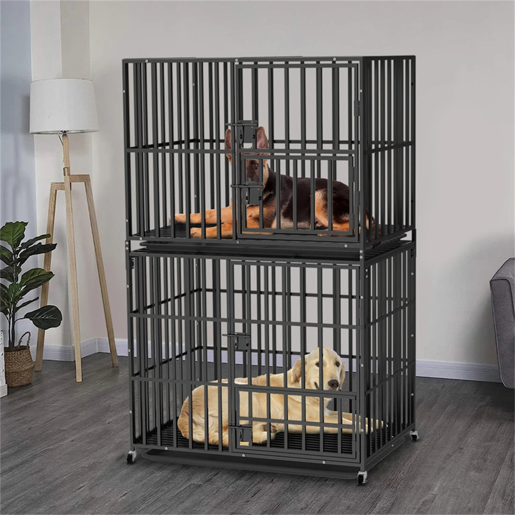 Oversized Stackable Dog Crate Heavy Duty Double Layer Dog Kennel Cage for Medium Large Dogs with Removable Tray Lockable Wheels
