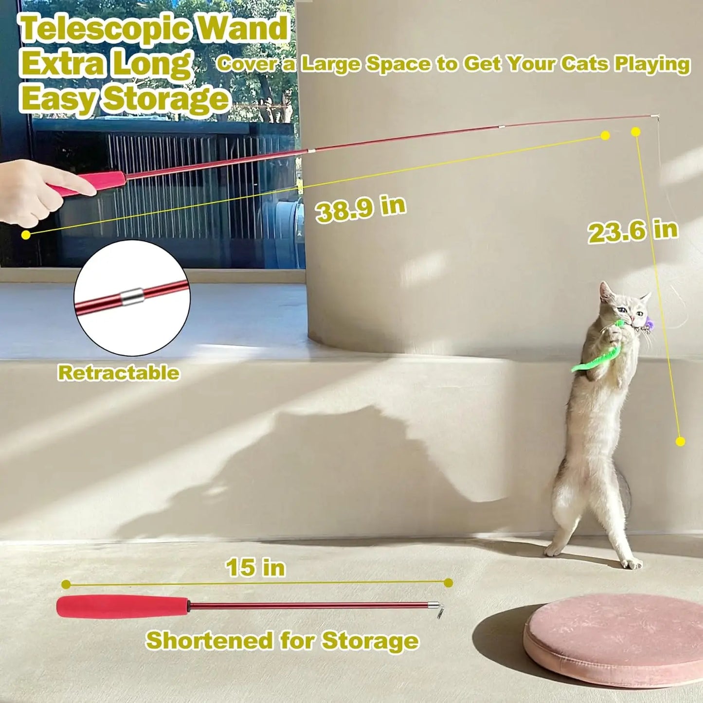 Cat Toys for Indoor Cats, Interactive Cat Toy 2PCS Retractable Wand Toy and 9PCS Cat Feather Toys Refills, Funny Kitten Toys Cat