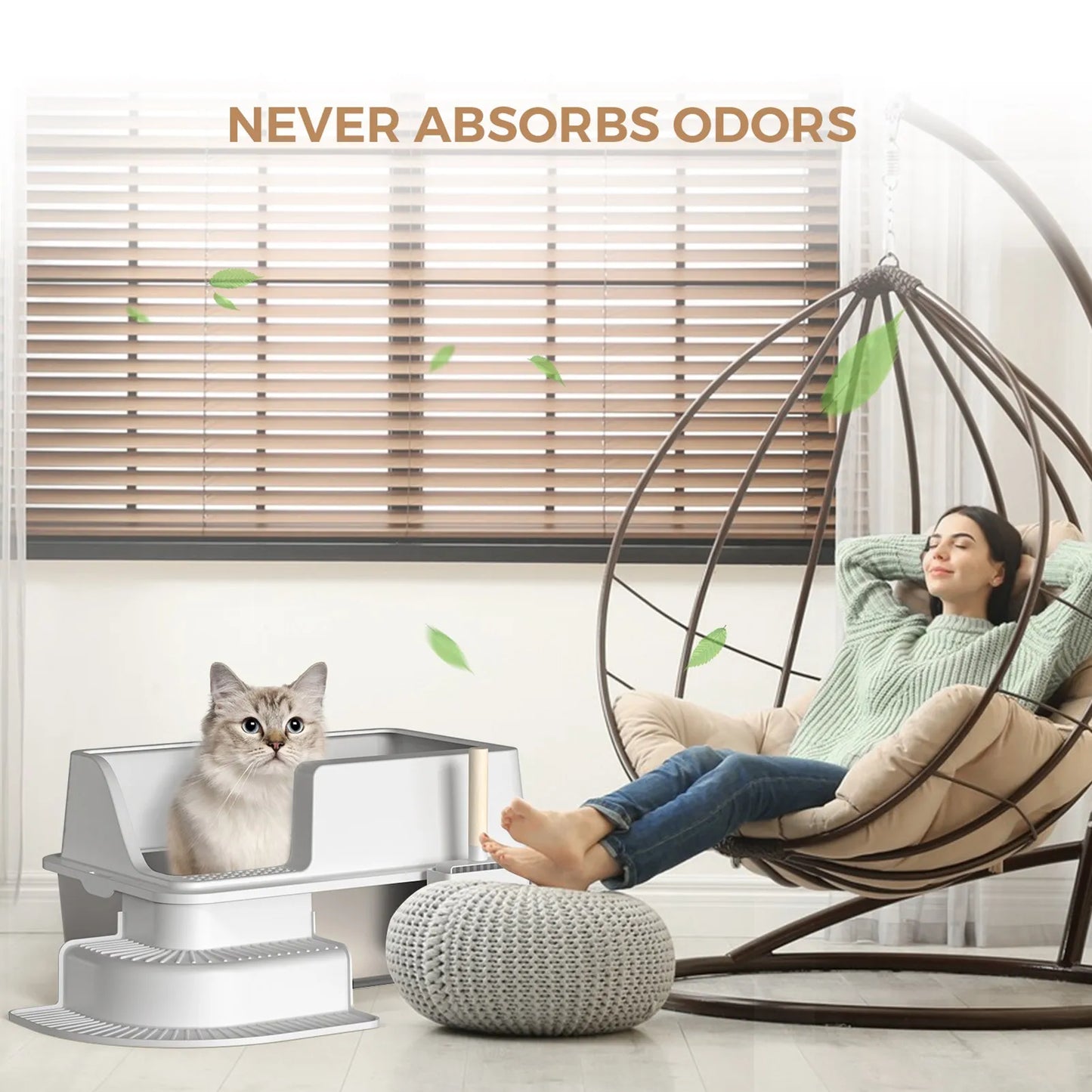 Cat Litter Box Stainless Steel Tray with Plastic Cover and Litter Trapping Mat for Indoor Cats Large Size