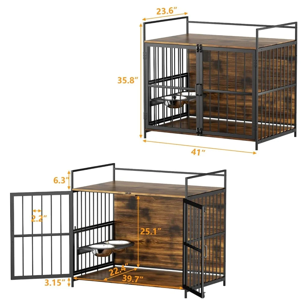 Large Dog Crate 360° Adjustable Raised Feeder Stainless Steel Bowls End Table Indoor 41x24x36 Brown, Custom